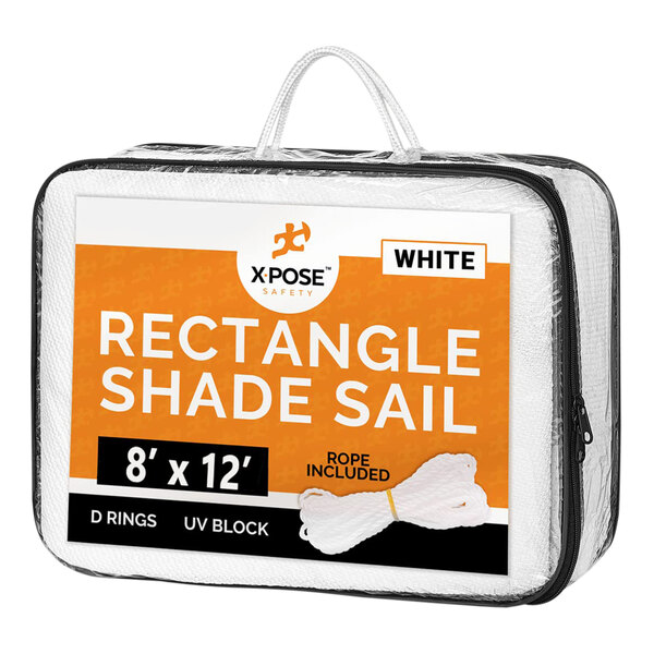 A white rectangular Xpose Safety shade sail in a bag with an orange and white label.
