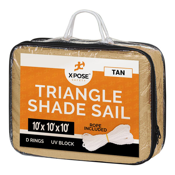 A bag of tan Xpose Safety triangular shade sail.