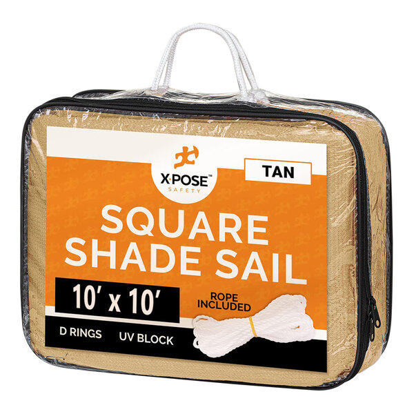 A tan Xpose Safety square shade sail in a plastic bag.