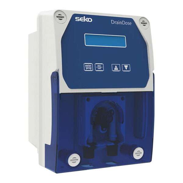 The Seko DrainDose peristaltic dosing system with blue and white buttons.
