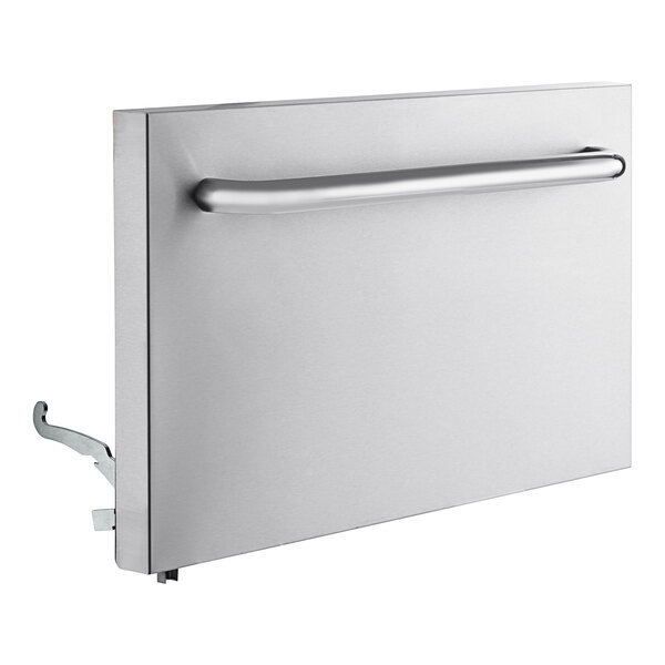 A stainless steel oven door with a handle.