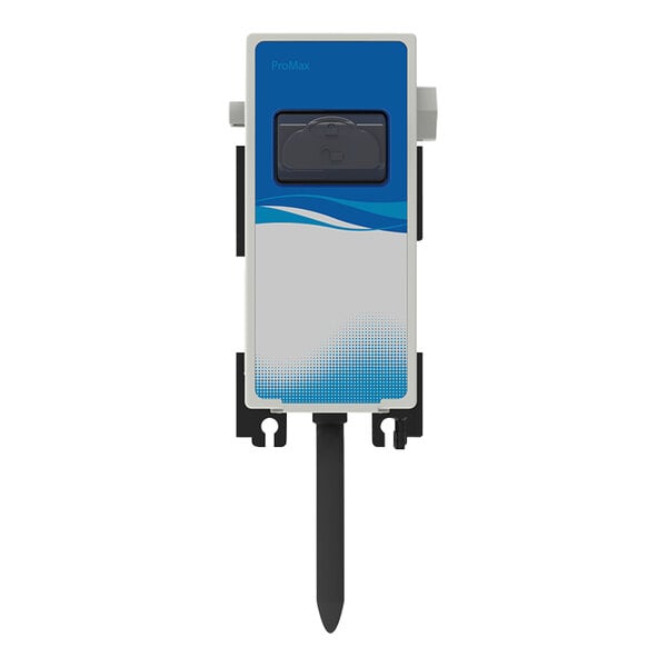 A blue and white rectangular box with a black lid and a black handle with Seko ProMax PXB1F16U0000 1-Product Wall-Mount Venturi Chemical Dilution System label.