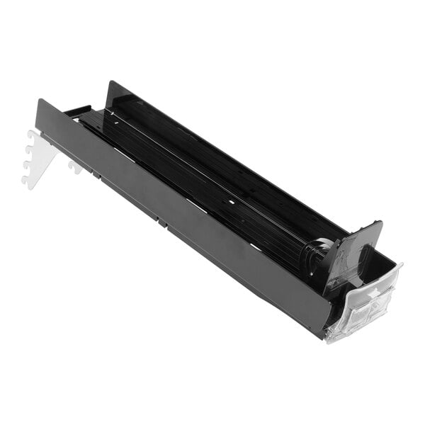 A black metal Retail Space Solutions SpaceGrid II VAP Pusher System with clear plastic.
