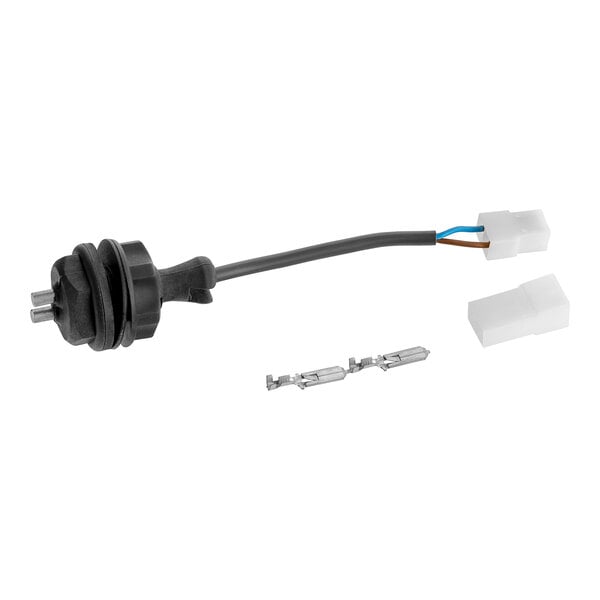 A black electrical component with a black and white wire and a connector.