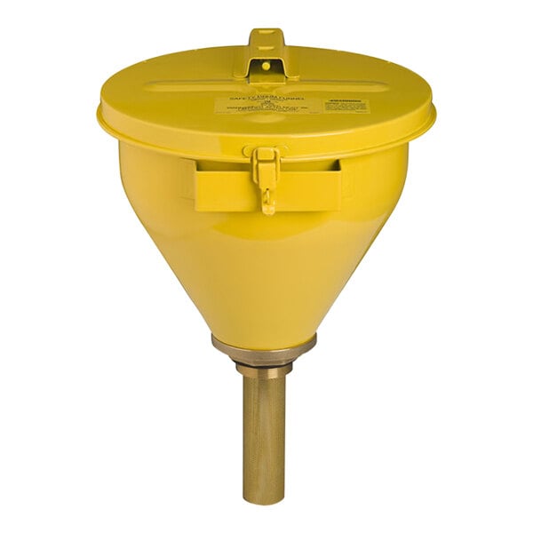 A yellow galvanized steel Justrite drum funnel with a yellow lid.