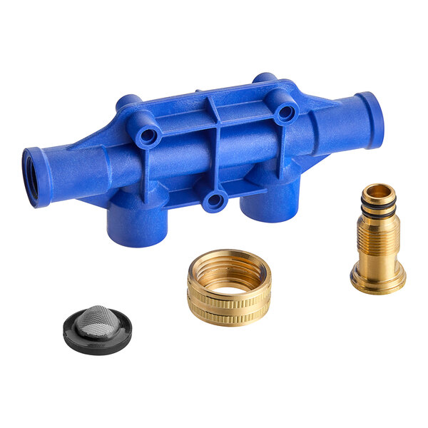 A blue plastic Seko manifold with brass fittings for two pipes.