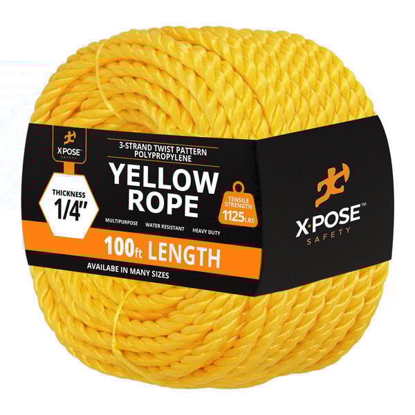 A 100-foot long, 1/4-inch thick yellow polypropylene rope from Xpose Safety.