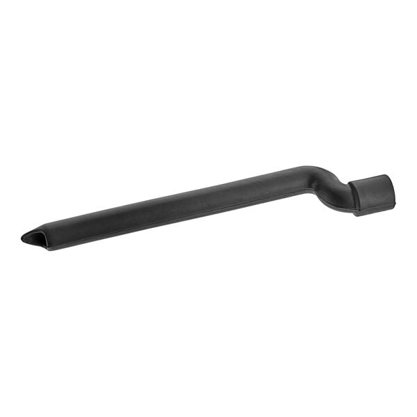 A black plastic discharge hose with a bent tip.