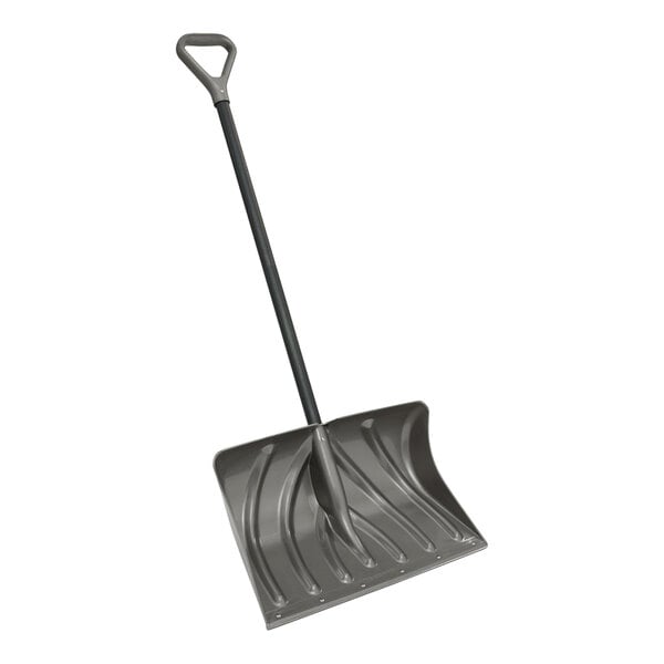 A Suncast snow shovel with a black D-grip handle.