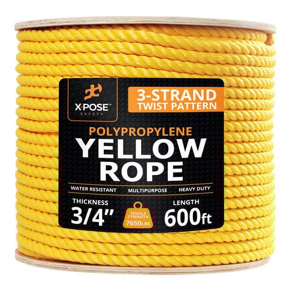 A spool of yellow polypropylene rope with a 3/4 inch thickness and 600 foot length.