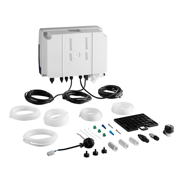 A white Seko WareDose solenoid and double peristaltic warewashing dosing system with black plastic accessories.
