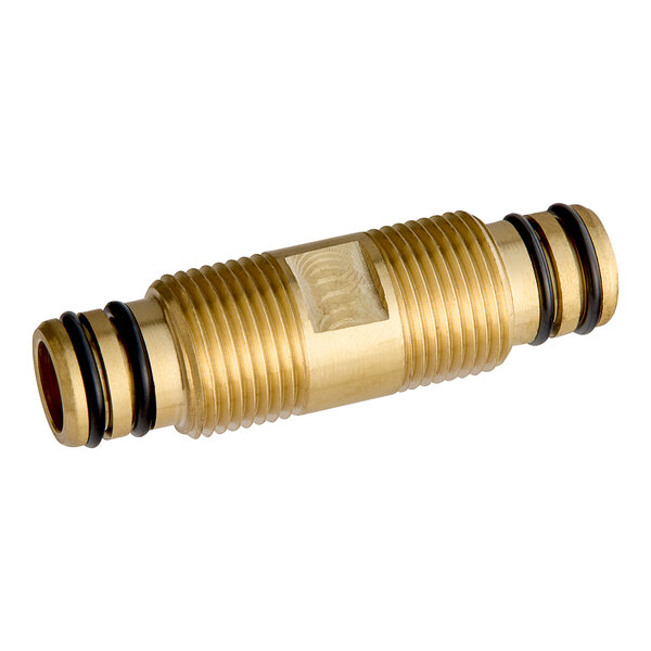 A close-up of a brass threaded coupler with black and gold fittings.