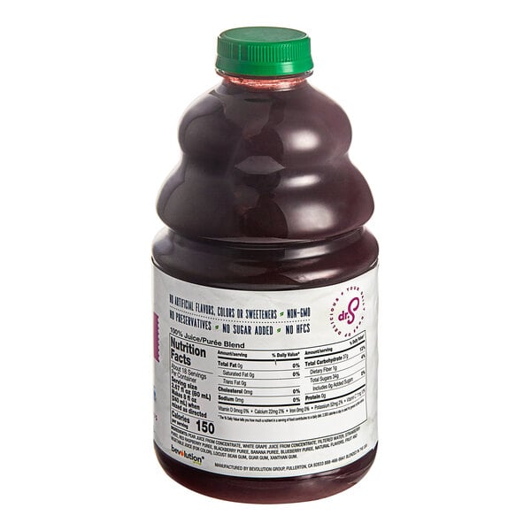 A close up of a bottle of Dr. Smoothie Mixed Berry Smoothie Mix with a green cap.