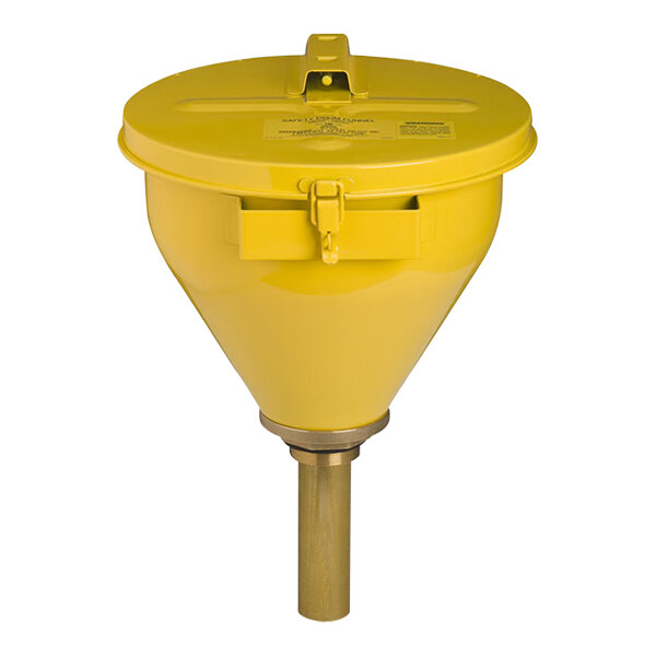 A yellow galvanized steel drum funnel with a metal lid.
