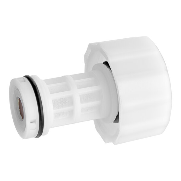 A white plastic flow stabilizer filter with a black ring.