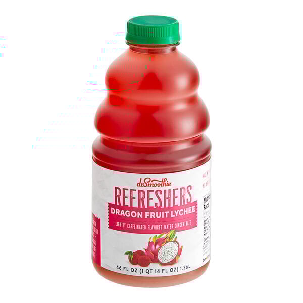 A bottle of Dr. Smoothie Dragon Fruit Lychee Refresher concentrate on a counter.