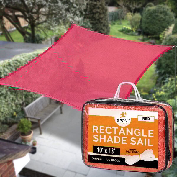A red rectangular Xpose Safety shade sail over a patio.