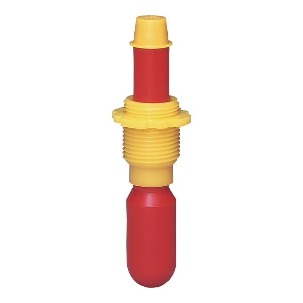 A red and yellow plastic Justrite vertical drum gauge with a yellow cap.