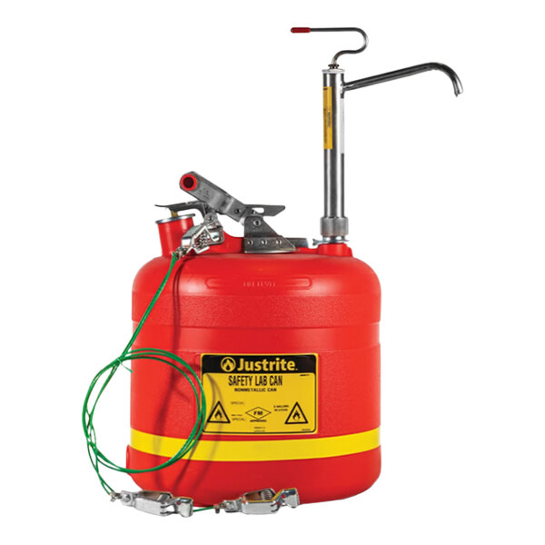 A red Justrite safety can with a stainless steel pump.