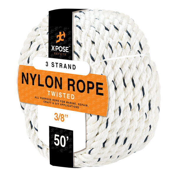A close up of white and blue twisted Xpose Safety nylon rope.