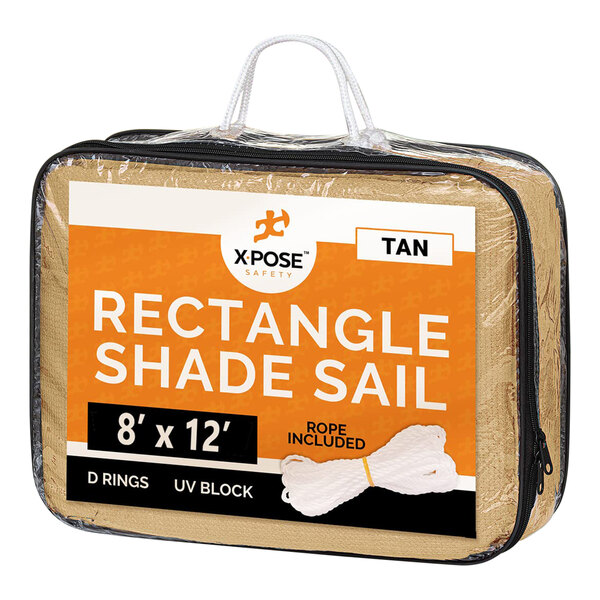 A bag of tan Xpose Safety rectangular shade sail with white lettering.