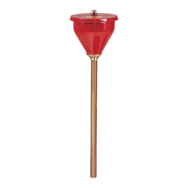 A Justrite red galvanized steel funnel with a flame arrestor.