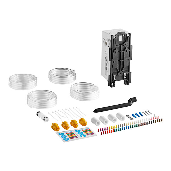 The Seko ProMax wall-mount chemical dilution system with white plastic and plastic tubes.