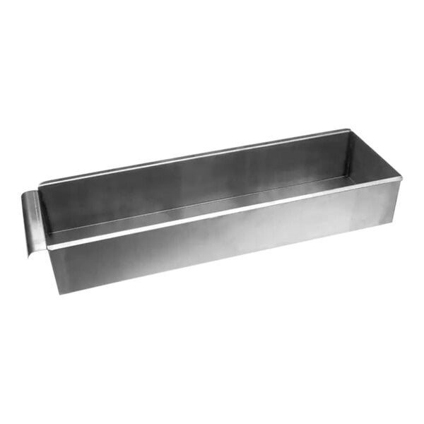 A stainless steel rectangular grease drawer for a Garland griddle with a handle.