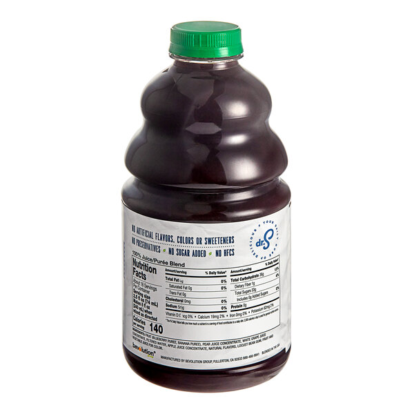 A brown bottle of Dr. Smoothie 100% Crushed Blueberry Banana Fruit Smoothie Mix with a green cap and a label.