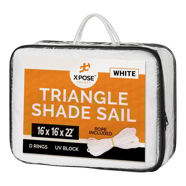 A white triangular shade sail in a white bag with a label.