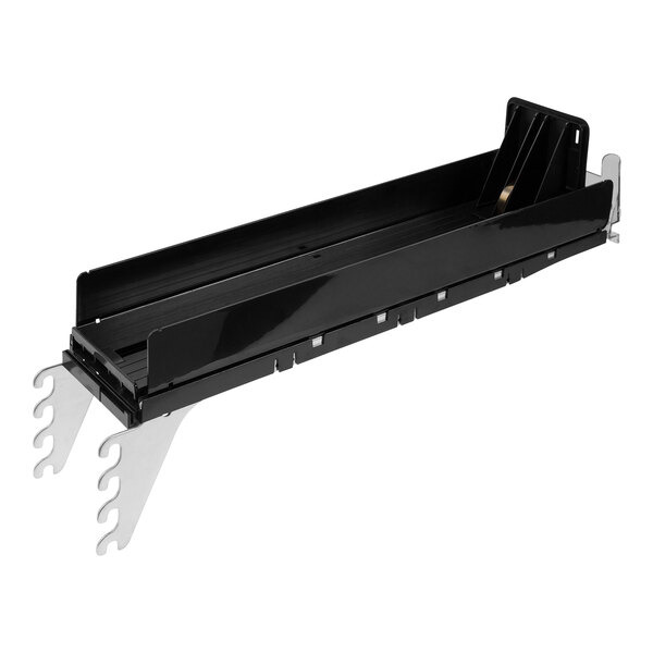 A black rectangular Retail Space Solutions pusher system with metal bars on it.