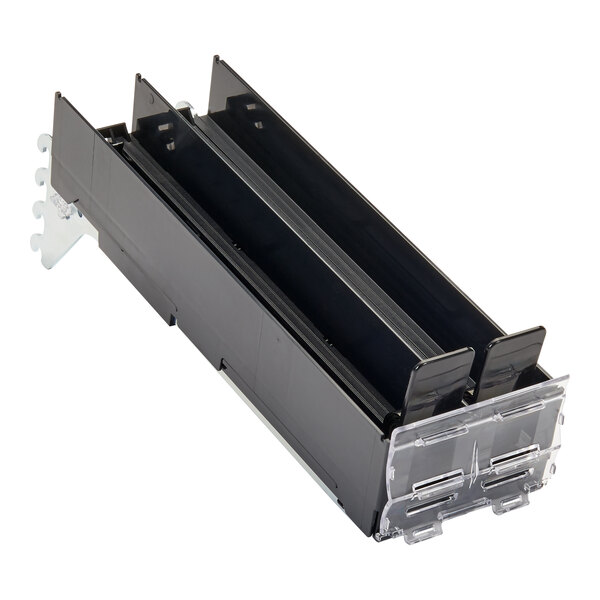 A black plastic container with clear plastic holders for Retail Space Solutions DoubleSpace dividers.