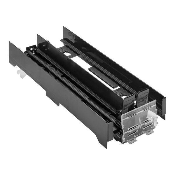 A black plastic tray with black metal clips and clear plastic dividers.