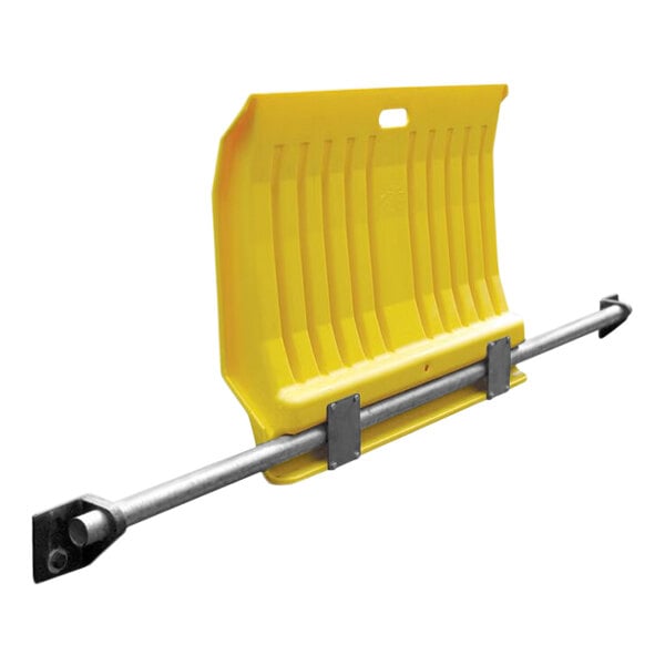 A yellow HDPE dock plate with metal rods.