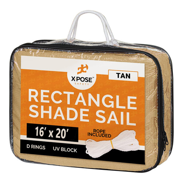 A bag with a tan rectangular Xpose Safety shade sail.