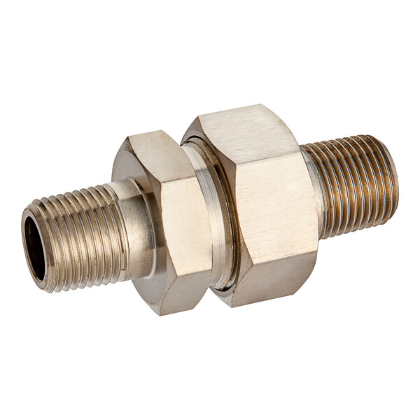 A brass threaded Chicago adapter with a male end.
