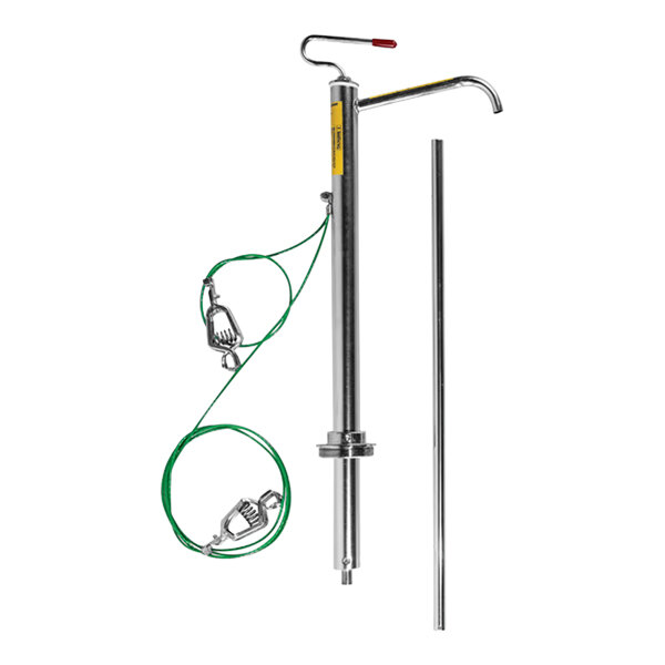 A Justrite zinc-plated steel piston safety drum pump with a hose attached.