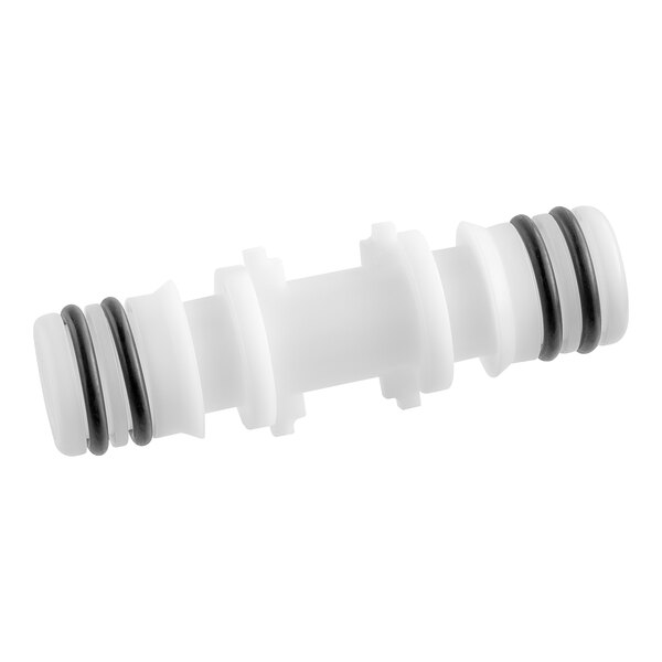 A white plastic Seko coupler with black and white stripes.