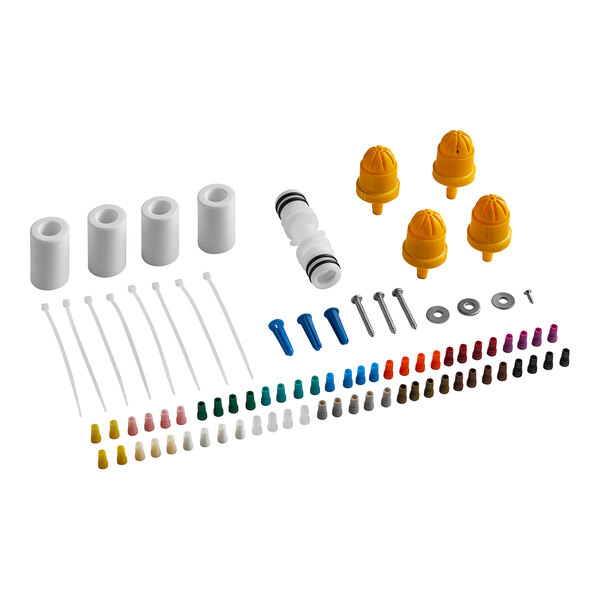 A group of plastic parts including screws and a screwdriver on a white background.