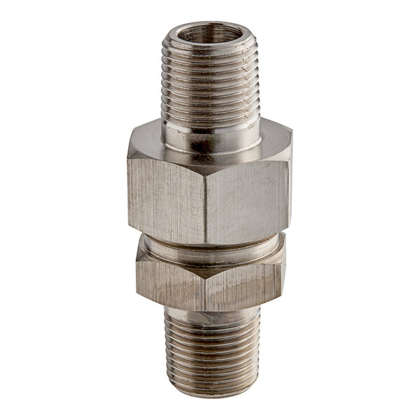 A close-up of a stainless steel threaded pipe fitting.