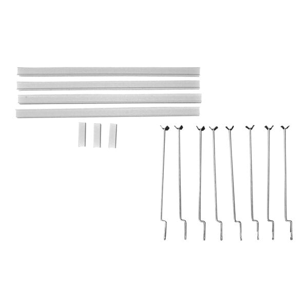 A set of white plastic ID channel bars and metal hooks for retail display organization.