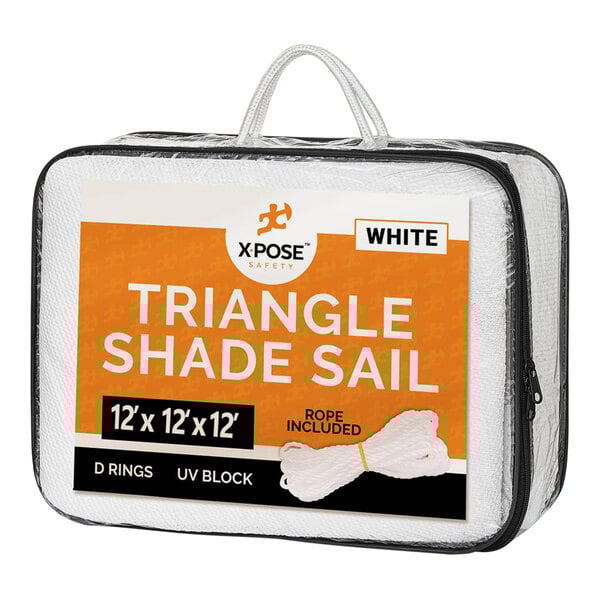 A white triangular shade sail in a white bag with a label.