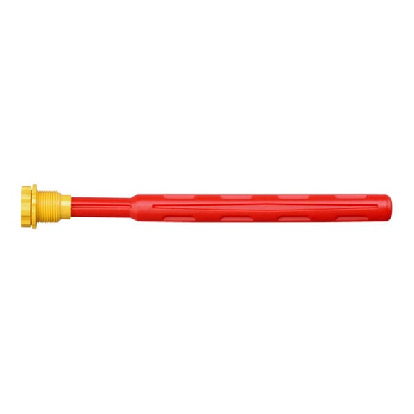 A red and yellow Justrite plastic drum gauge with a yellow nut.