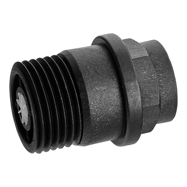 A black threaded metal connector for a Seko ProSink Chemical Dispenser.