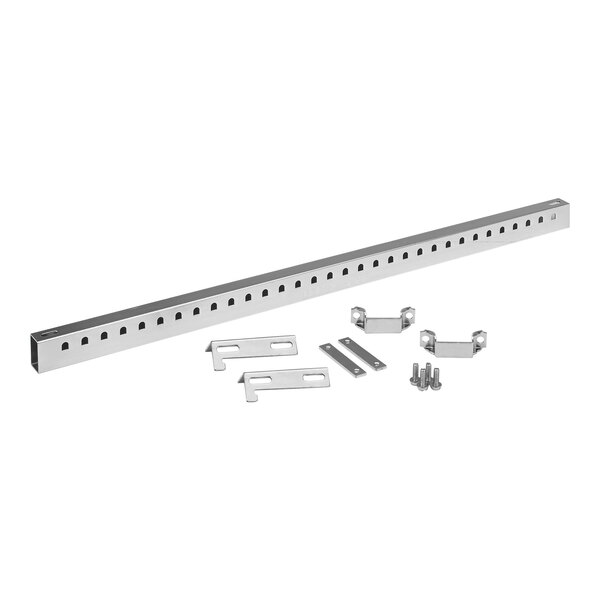 A zinc-plated steel peg merchandising system with an 30-inch bar and attached hardware.