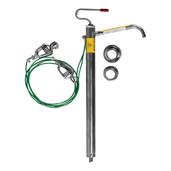 A Justrite stainless steel piston safety drum pump with a hose and a metal pipe.