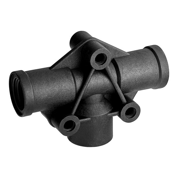 A black plastic pipe fitting with two holes.