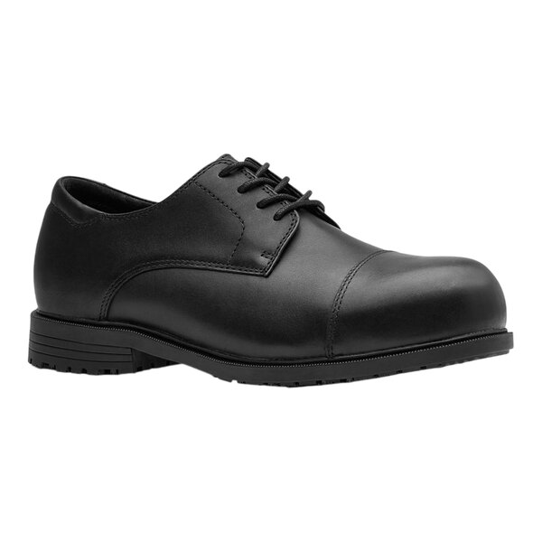 A black leather men's Shoe For Crews Senator dress shoe with laces.