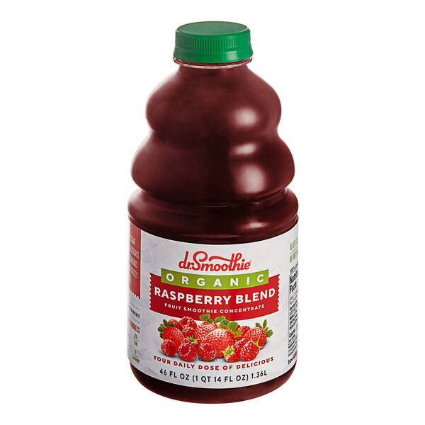 A close up of a bottle of Dr. Smoothie Organic Raspberry Fruit Smoothie Mix.