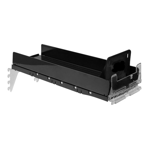 A black rectangular Retail Space Solutions SpaceGrid II Heavy FF Pusher System with clear plastic parts on a white background.